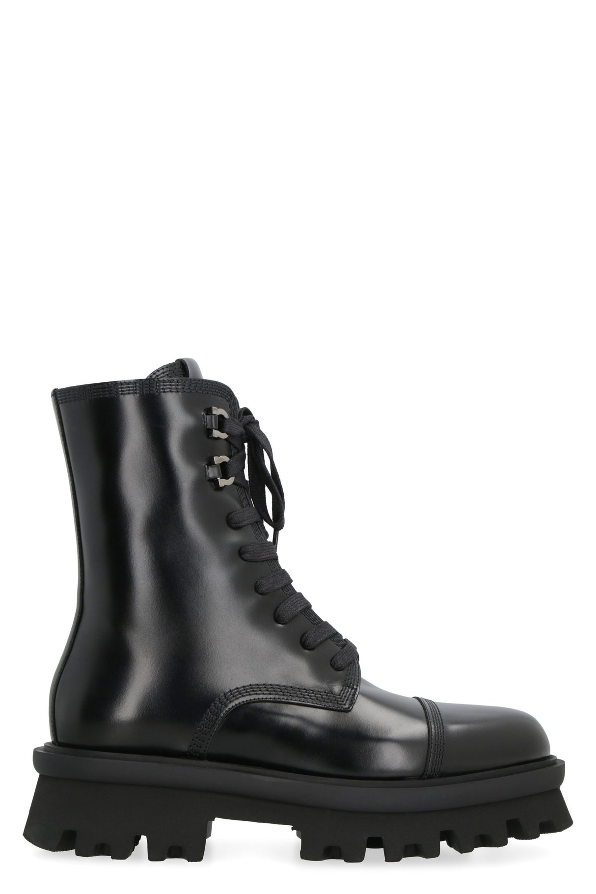 Ferragamo Combat Boots with Brushed Calfskin, Lug Sole and String Closure for Women in Black - FW23 Collection