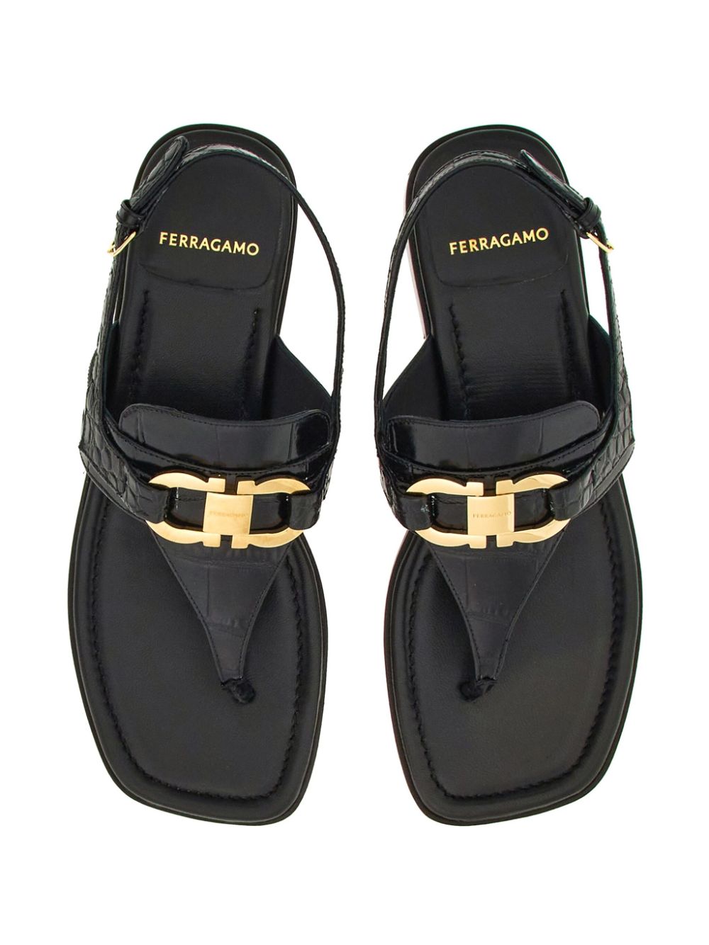 FERRAGAMO Black Leather Thong Sandals with Gold-Tone Gancini Hook Buckle - Women's