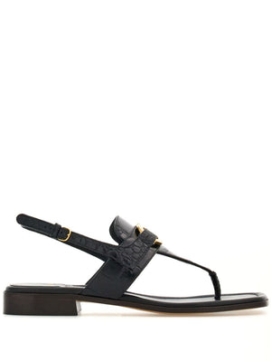 FERRAGAMO Black Leather Thong Sandals with Gold-Tone Gancini Hook Buckle - Women's