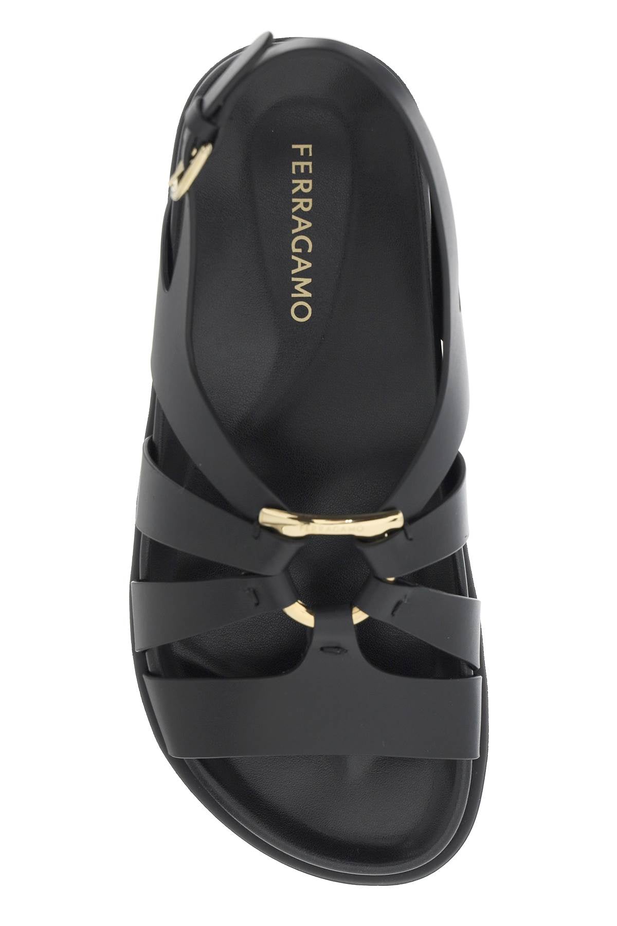 FERRAGAMO Glamorous Black Flatform Sandals for Women with Golden Gancini Hook Ornament