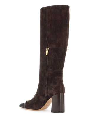 FERRAGAMO Suede Square Toe Boots with Gold Accents