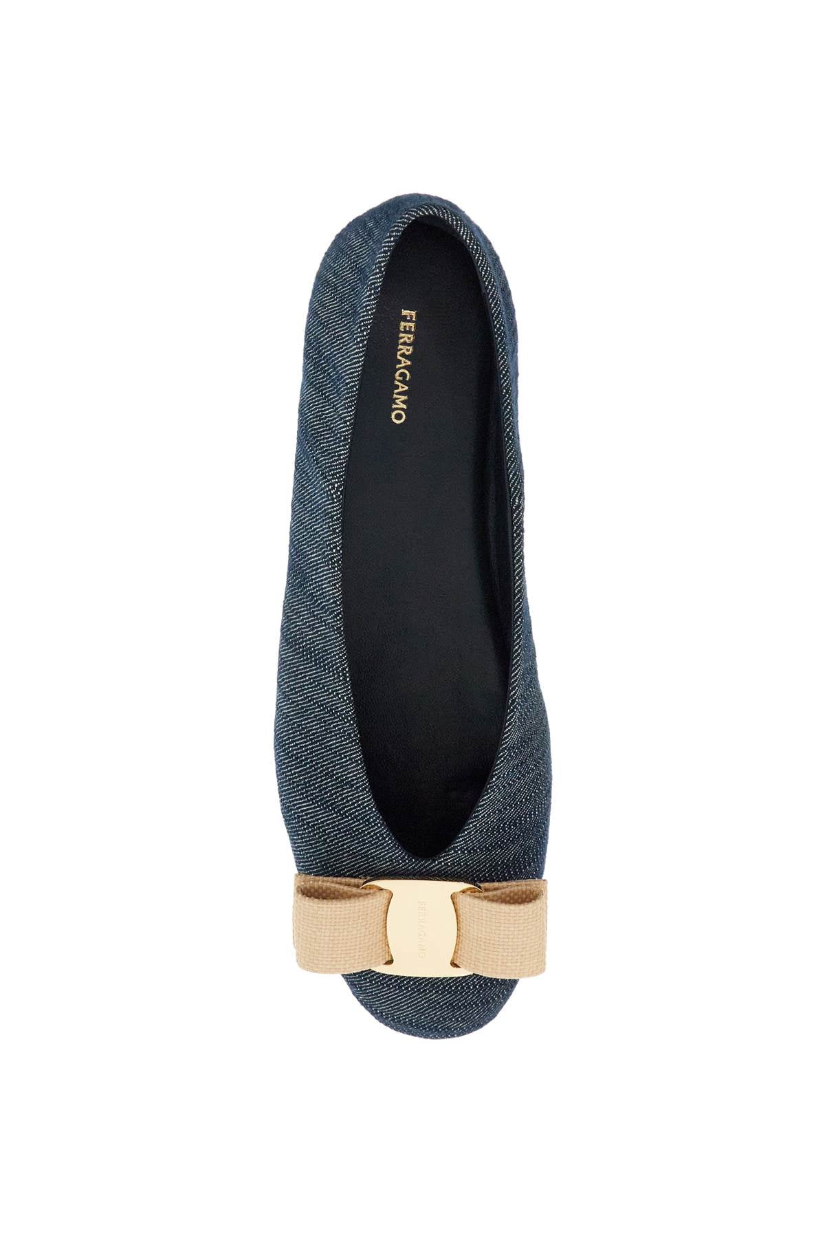 FERRAGAMO Denim Ballet Flats with Raffia Bow