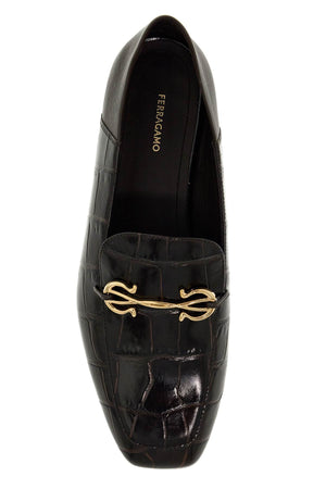 Ferragamo Luxury Crocodile Print Leather Loafers with Golden Hook Accent