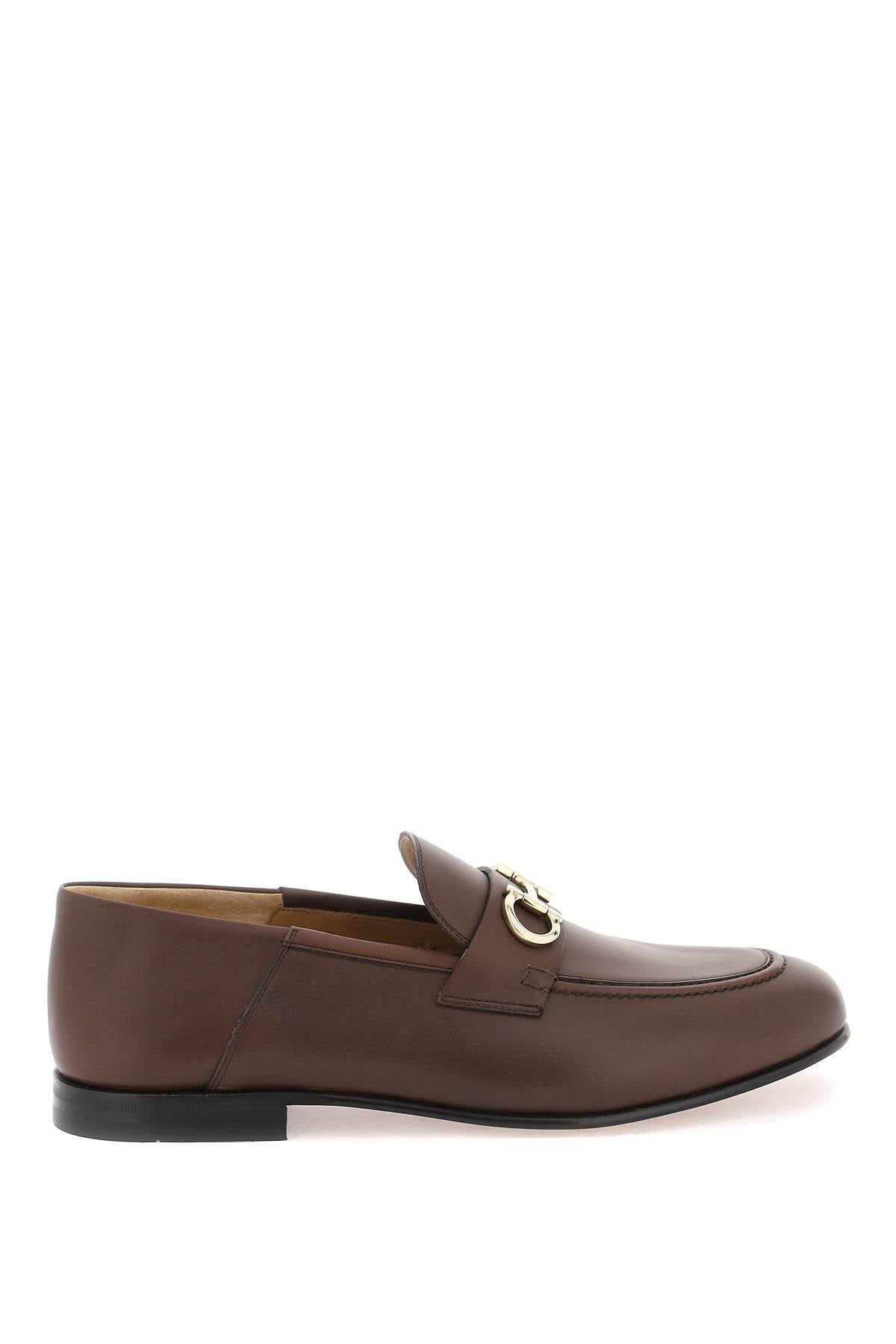 FERRAGAMO Men's Brown Gancini Hook Leather Loafers with Lightly Padded Insole