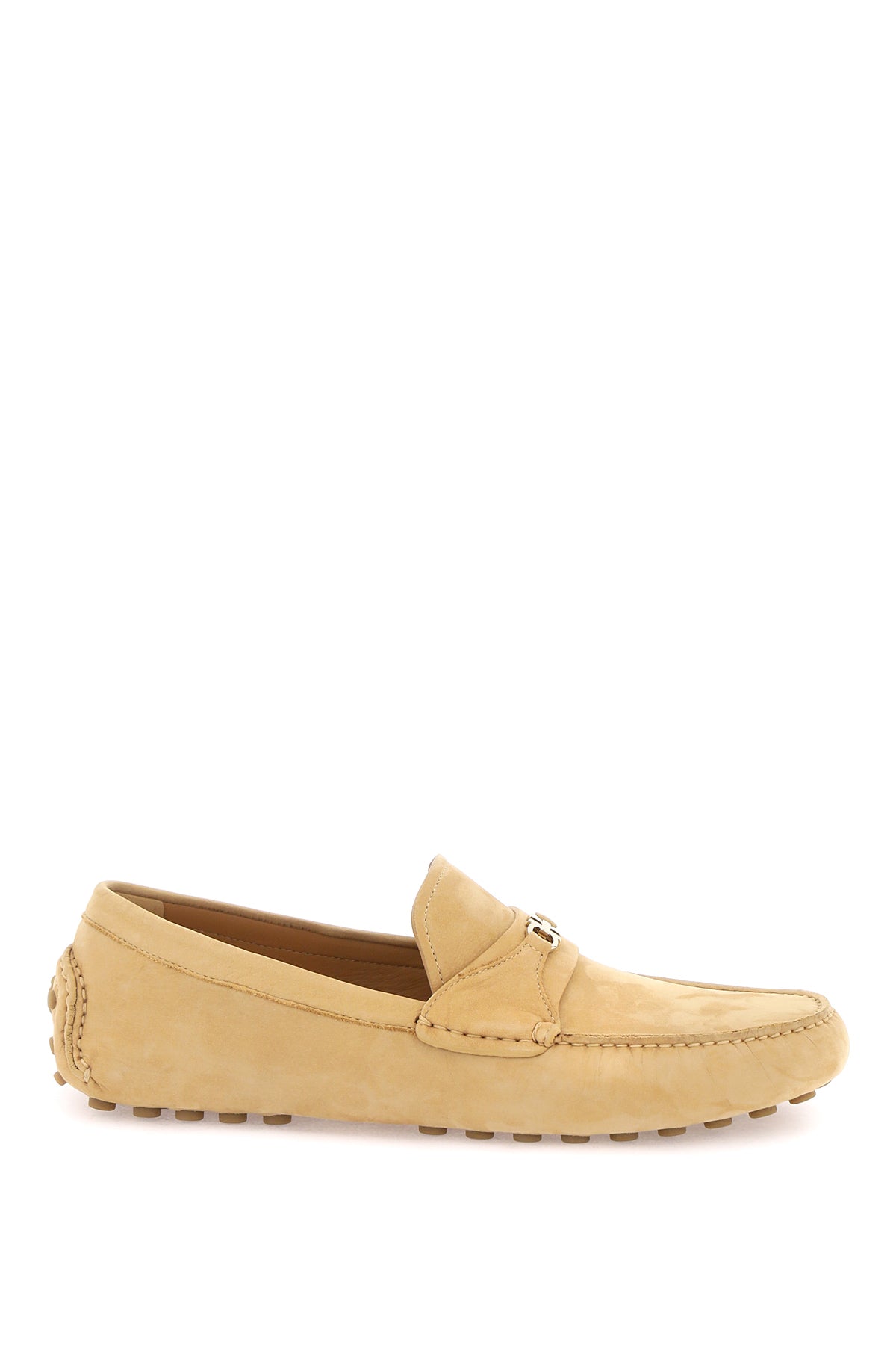 FERRAGAMO Beige Nubuck Leather Loafers with Gancini Hook for Women