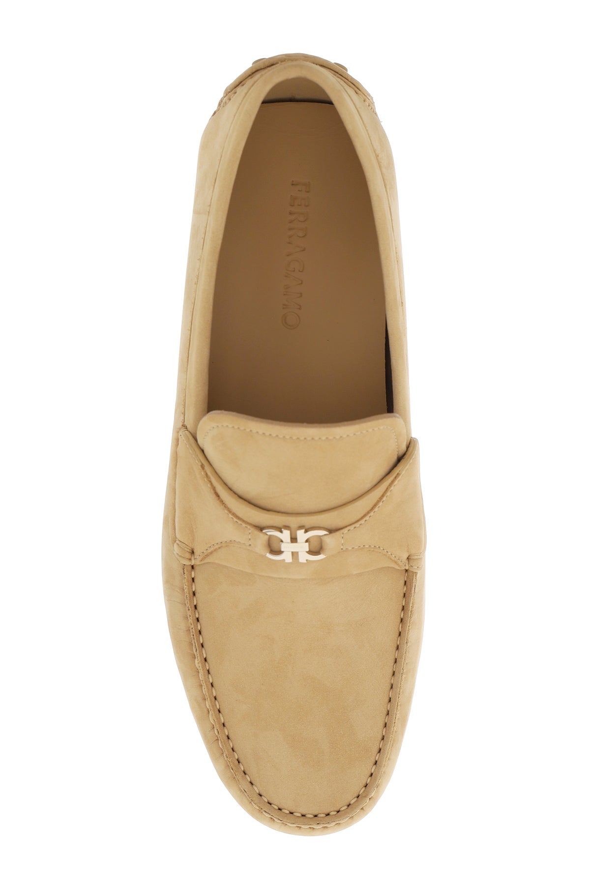 FERRAGAMO Beige Nubuck Leather Loafers with Gancini Hook for Women