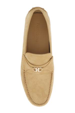 FERRAGAMO Beige Nubuck Leather Loafers with Gancini Hook for Women