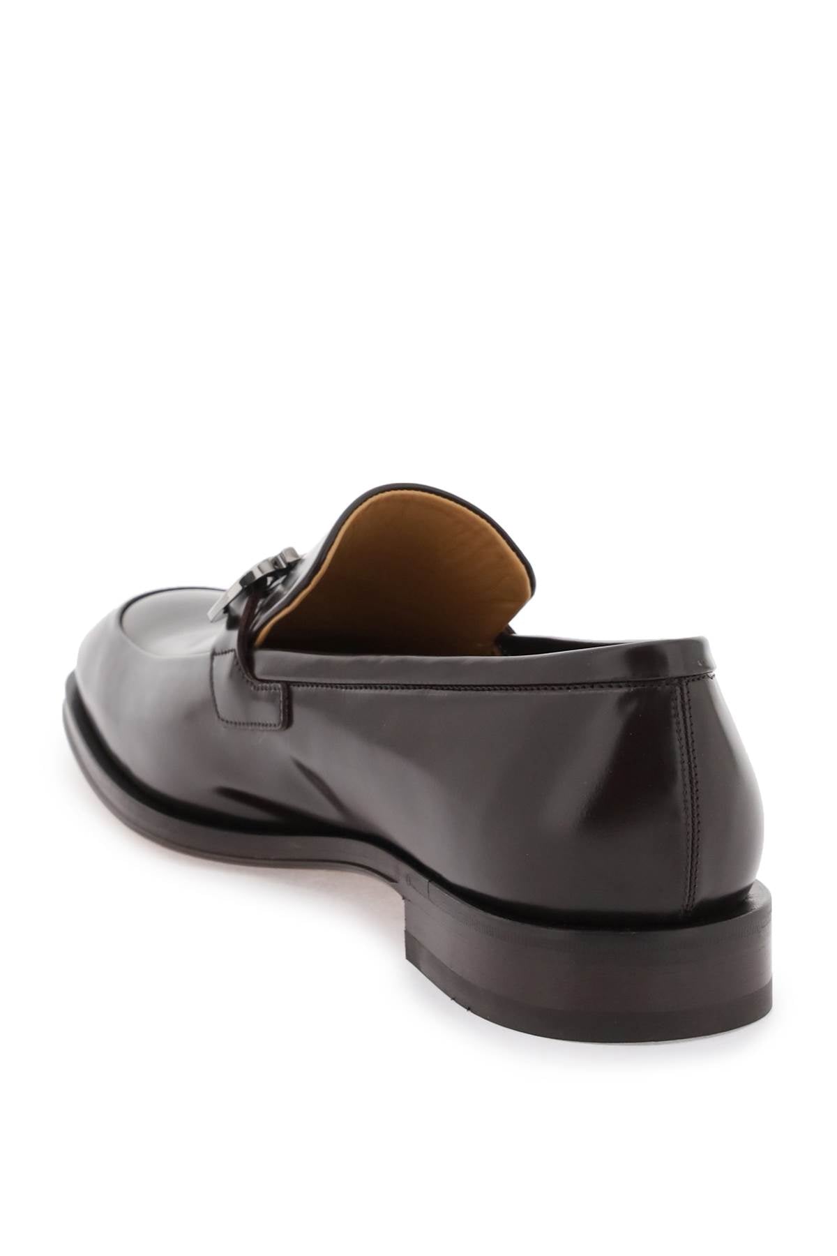 FERRAGAMO Brown Leather Moccasins with Silver Metal Gancini Detail for Men