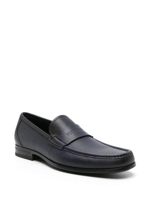 FERRAGAMO Blue Debossed Leather Loafers for Men