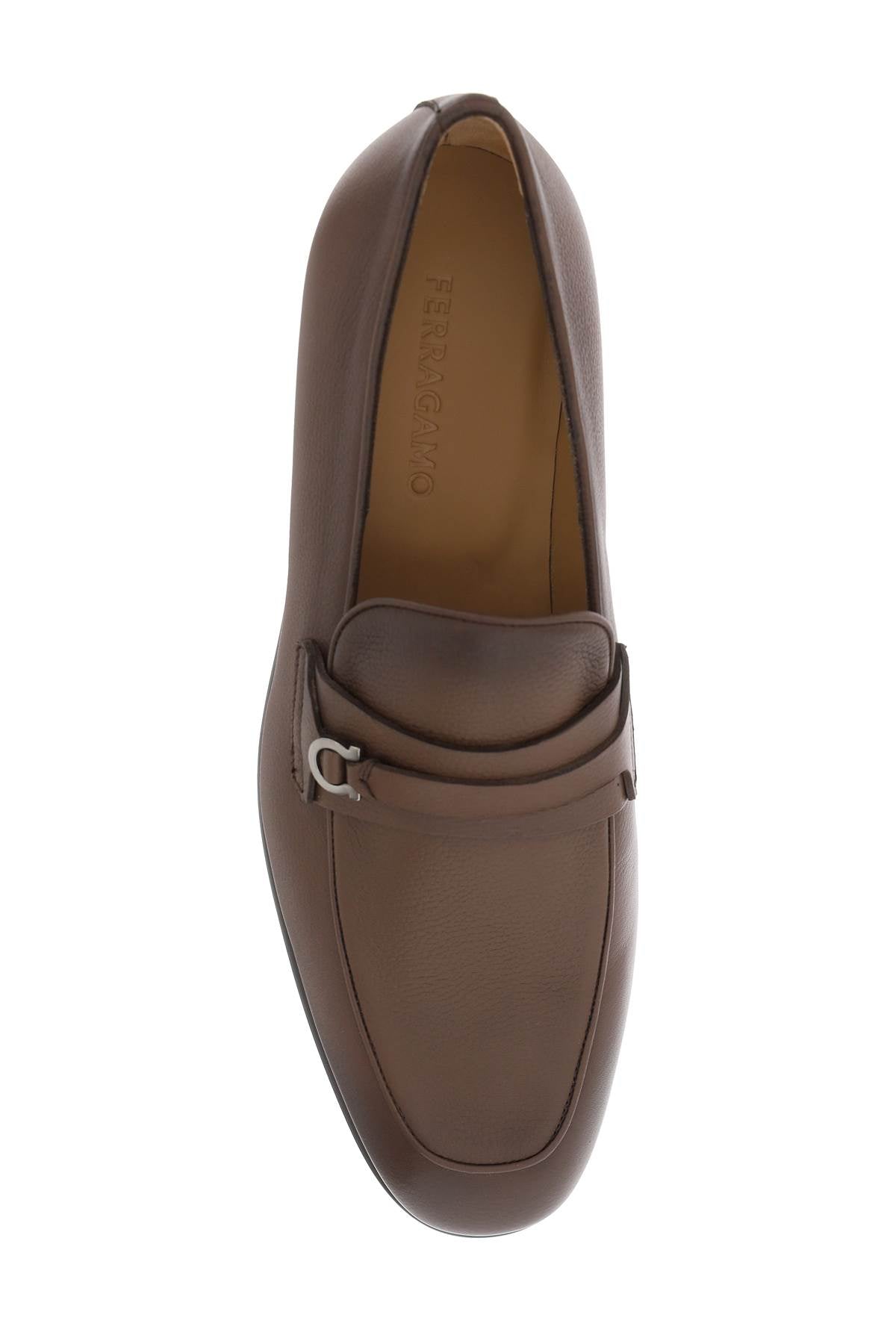 FERRAGAMO Gancini Hook Moccasins for Men - Grained Leather, Ruthenium-Finished Metal Detail, EEE Width (Brown)