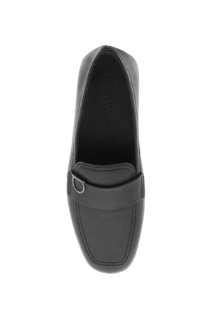 FERRAGAMO Black Leather Moccasins for Men with Iconic Metal Ganici Detail