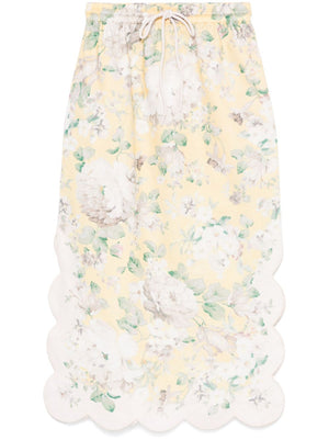 ZIMMERMANN Pastel Floral Printed Mid-Length Linen Skirt