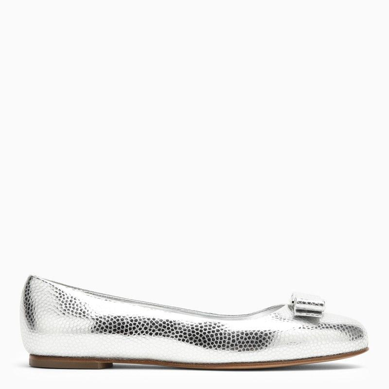 FERRAGAMO Silver Leather Ballerina with Round Toe and Decorative Bow for Women