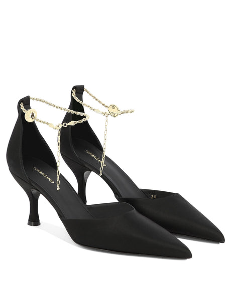 FERRAGAMO Women's Black Ankle Chain Kitten Heel Pumps for SS24