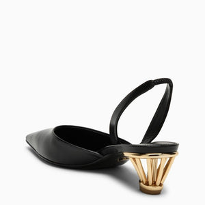 FERRAGAMO Black Leather Slingback with Golden Cage Heel and Elastic Strap