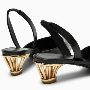 FERRAGAMO Black Leather Slingback with Golden Cage Heel and Elastic Strap