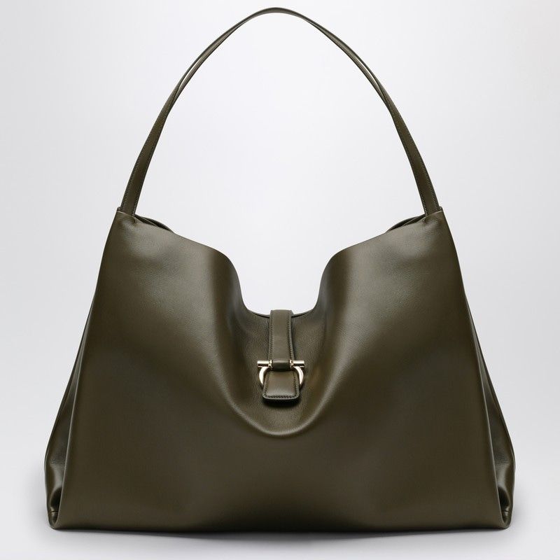 FERRAGAMO Large Olive Green Leather Tote Handbag