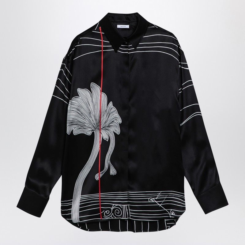 FERRAGAMO Classic Black Silk Satin Shirt with Spirit Print