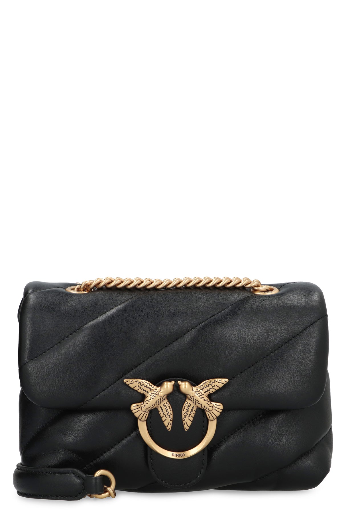 PINKO Quilted Black Leather Mini Crossbody Bag with Love Birds Buckle and Chain Strap, 22x15x10 cm