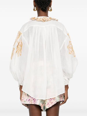 ZIMMERMANN Embroidered White Ramie Blouse with Ruffle Collar