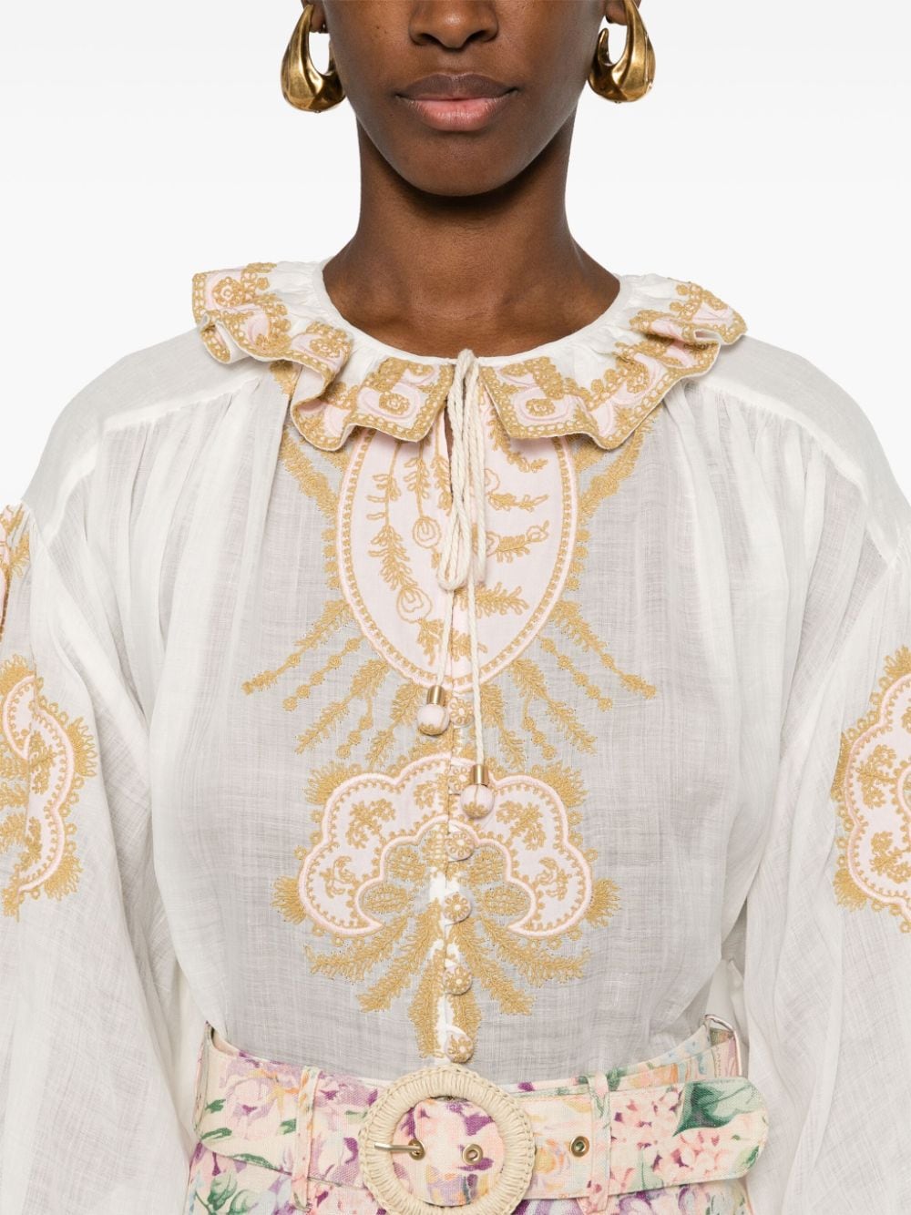 ZIMMERMANN Embroidered White Ramie Blouse with Ruffle Collar