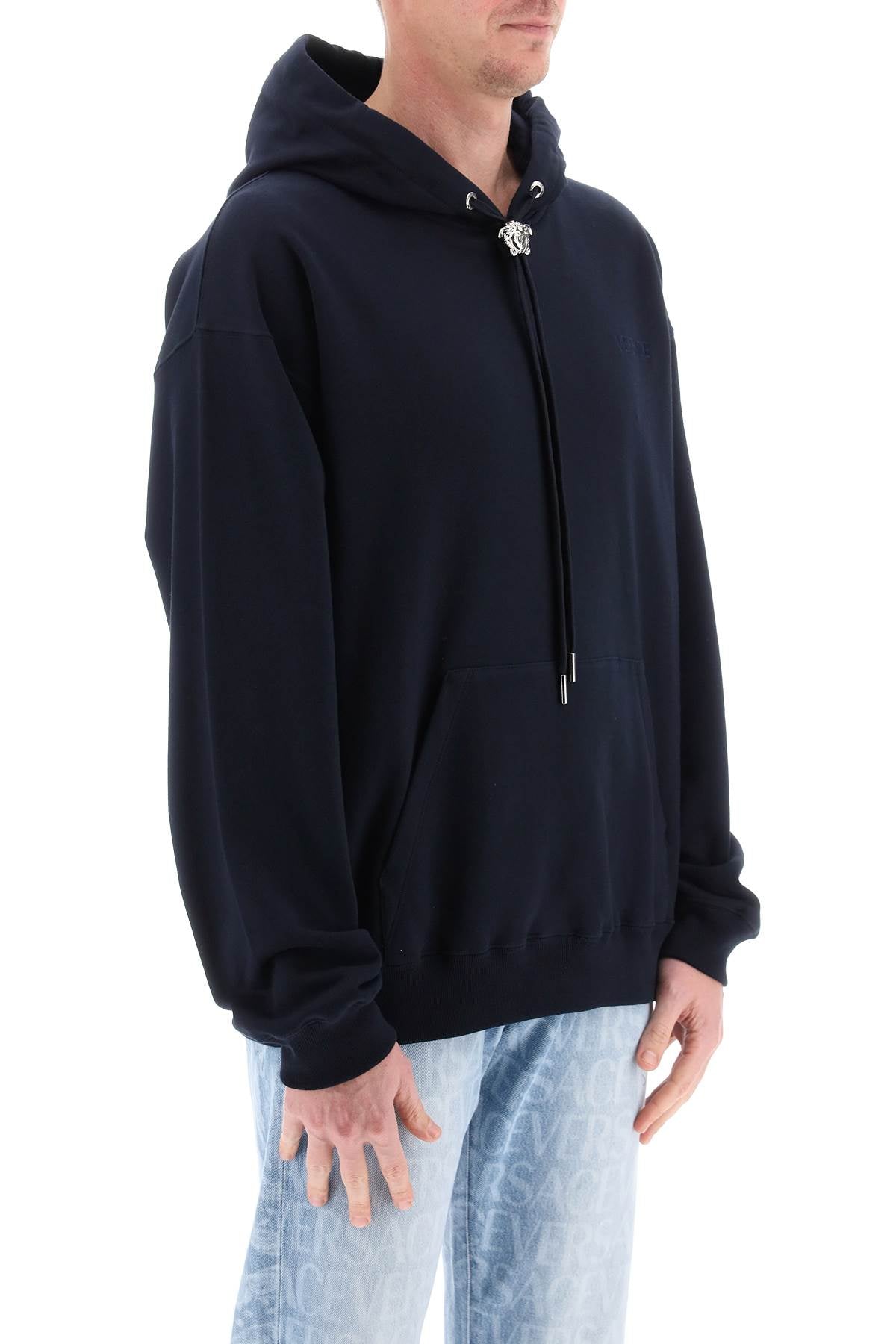 VERSACE Navy Ribbed Cotton Hoodie for Men