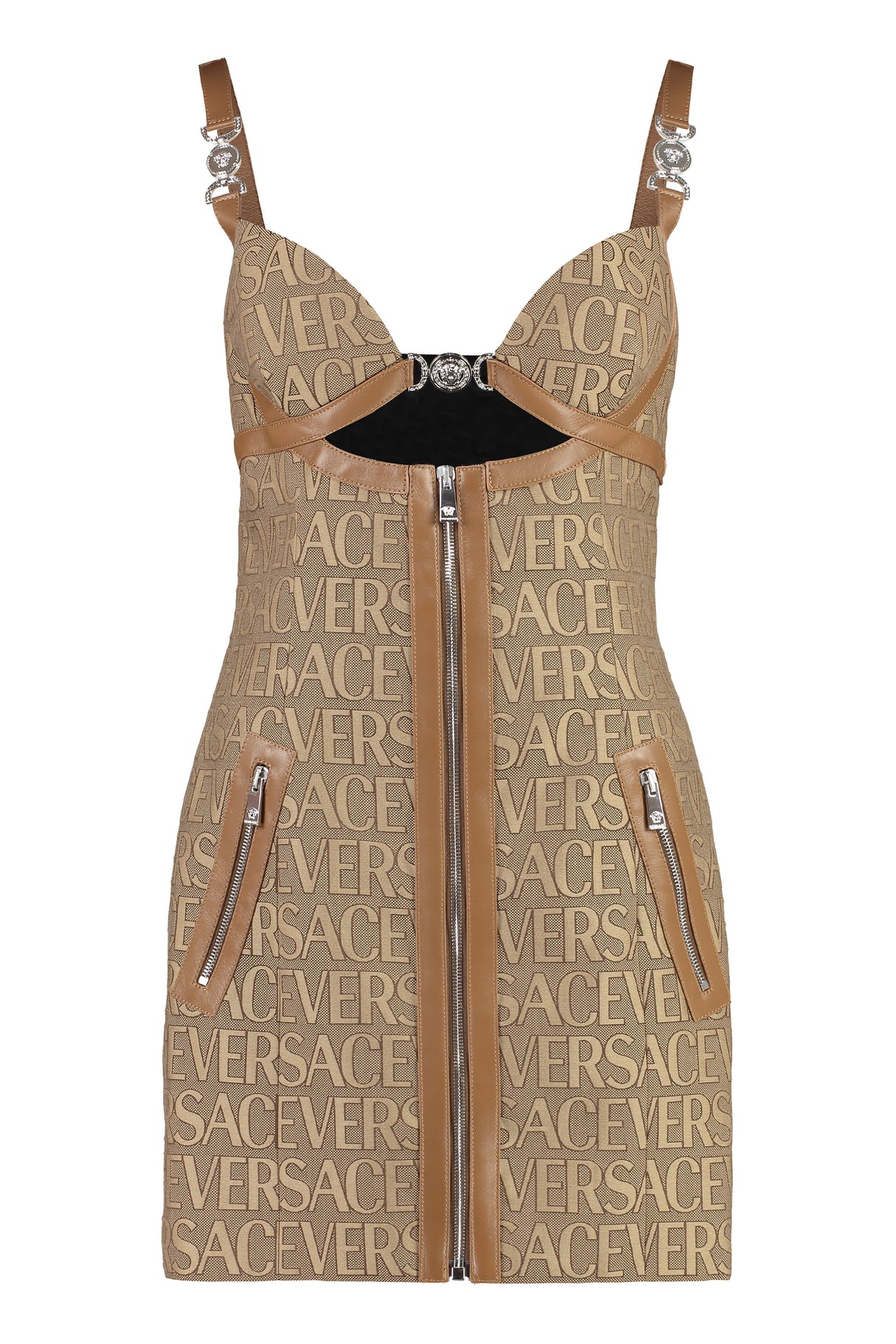 VERSACE Luxurious Beige Jacquard Mini Dress with Leather Details for FW23