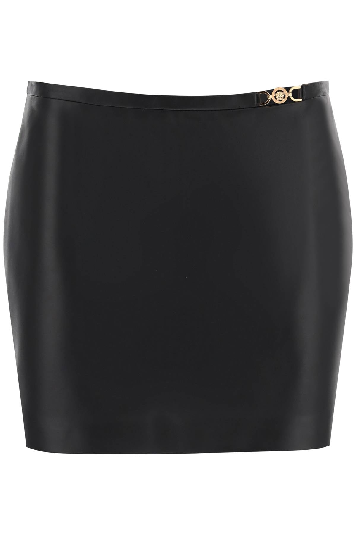 VERSACE Luxe Leather Mini Skirt with Iconic Medusa Emblem