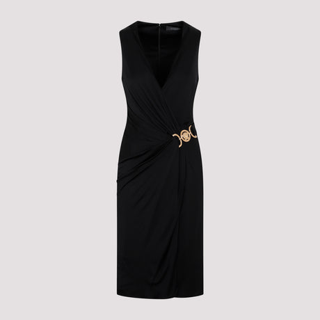 VERSACE V-Neck Draped Black T-Shirt Dress for Women with Medusa '95 Detail