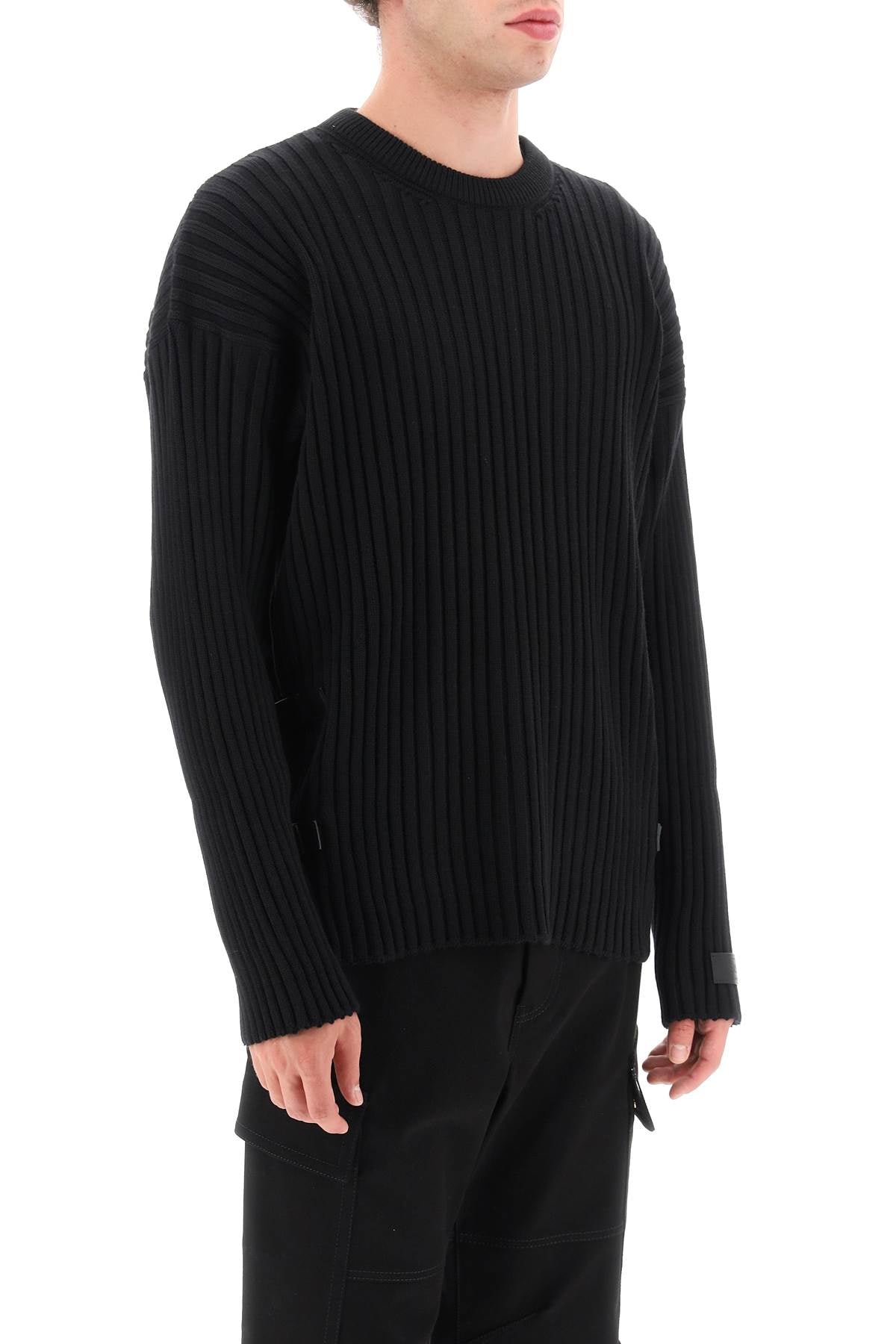 VERSACE Men's Black Wool Sweater with Side Buckle and Leather Details