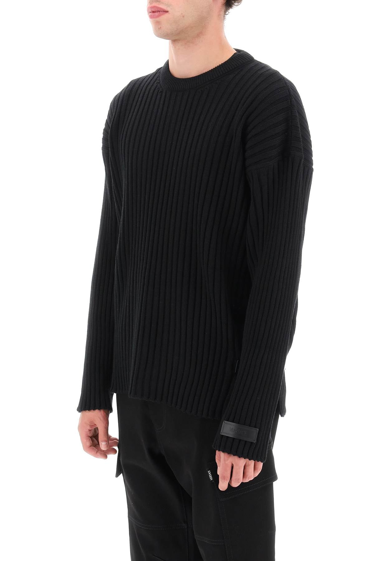 VERSACE Men's Black Wool Sweater with Side Buckle and Leather Details