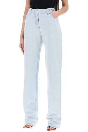 VERSACE Light Blue High-Waisted Straight Cut Relaxed Fit Jeans with Silver Medusa Details