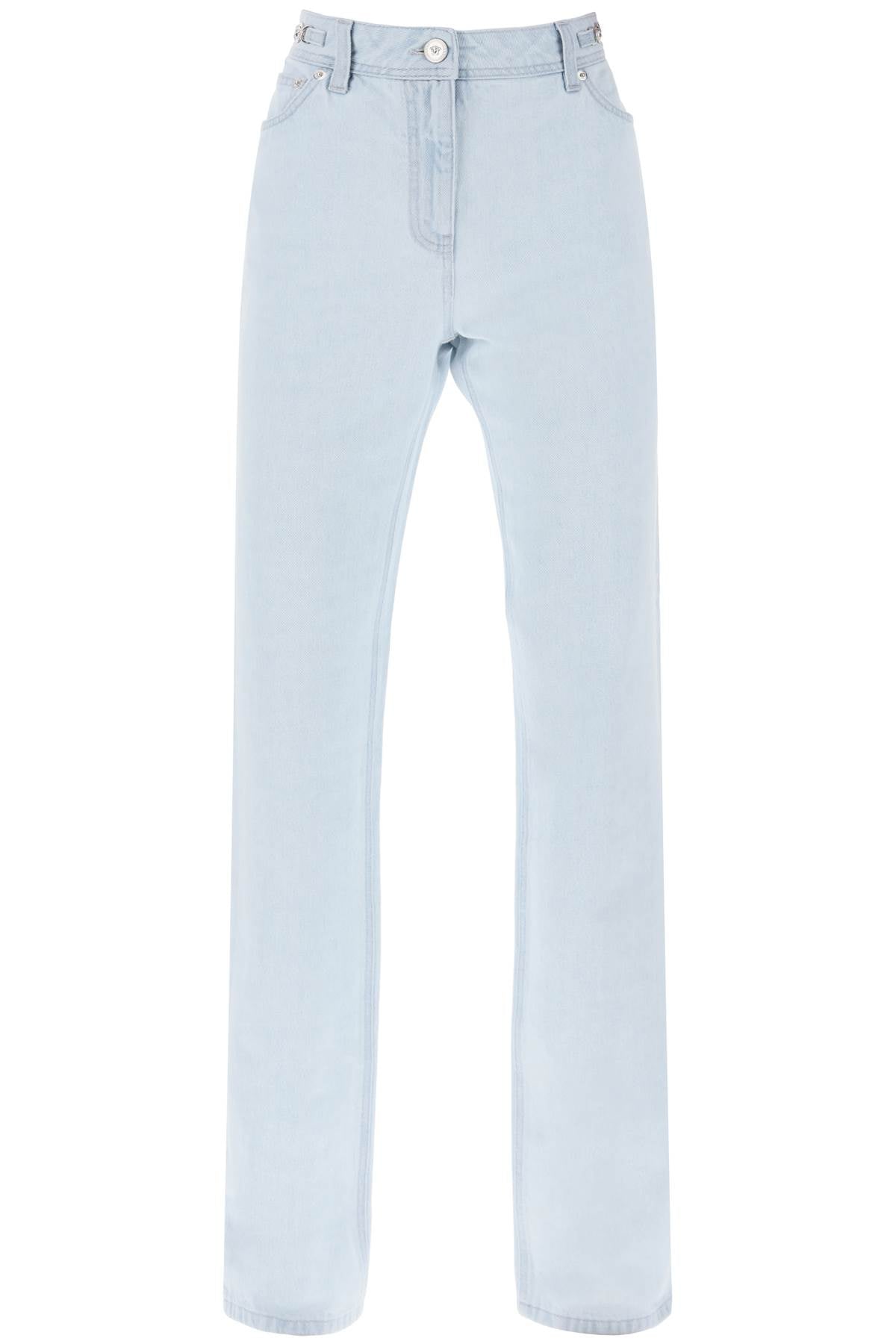 VERSACE Light Blue High-Waisted Straight Cut Relaxed Fit Jeans with Silver Medusa Details