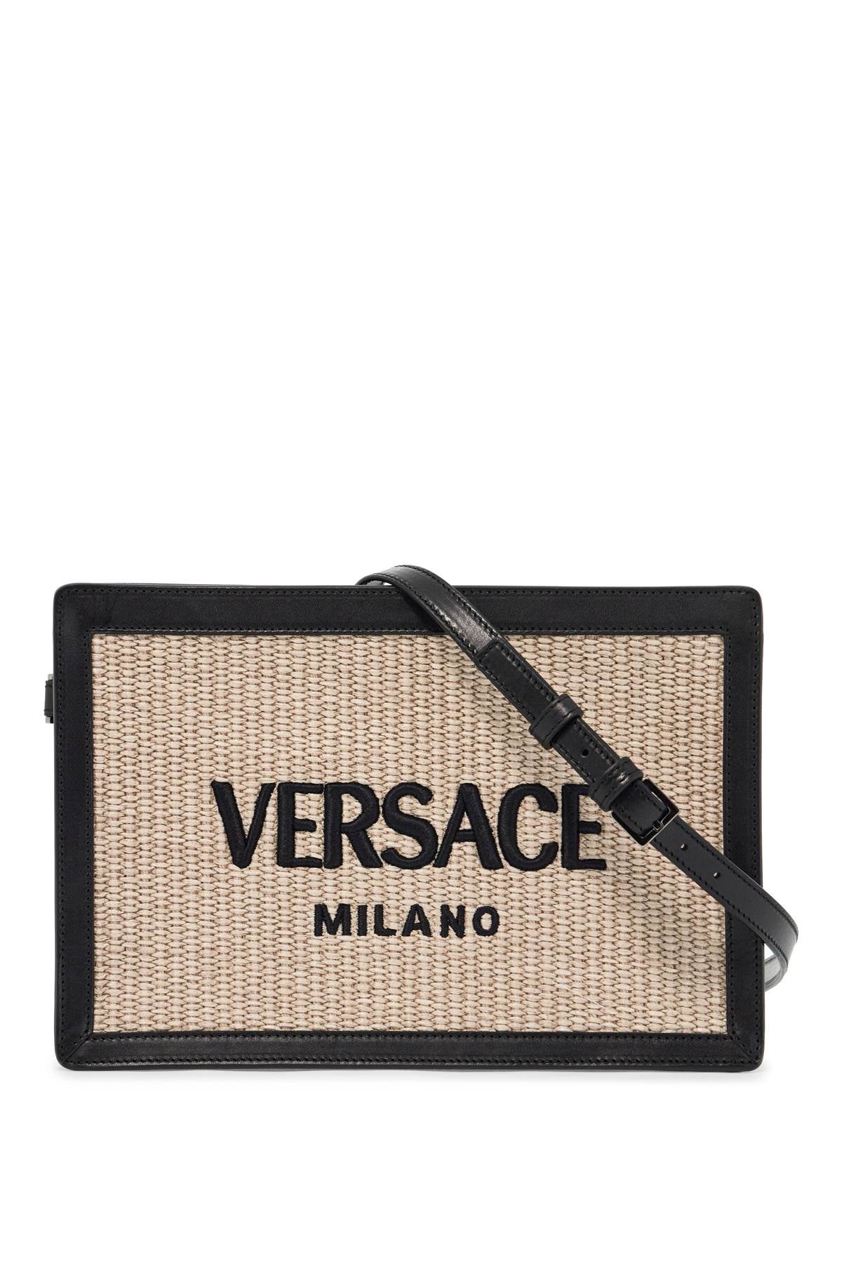 VERSACE Elegant Raffia Pouch with Leather Accents