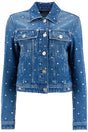 VERSACE Slim Fit Distressed Denim Jacket with Crystal Embellishments