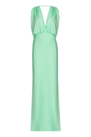 PINKO Green Satin Dolcetto Dress with Gathered Style and Open Back