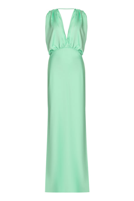 PINKO Green Satin Dolcetto Dress with Gathered Style and Open Back