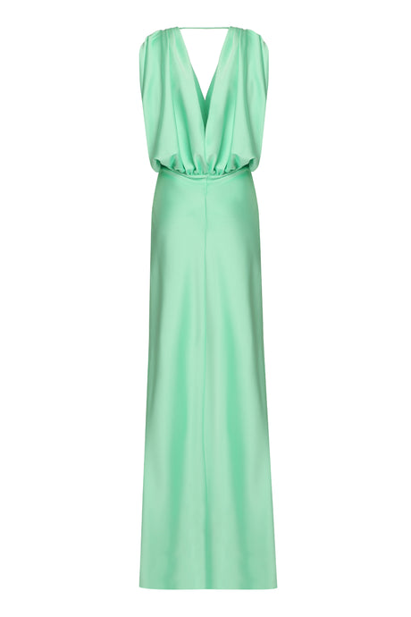 PINKO Green Satin Dolcetto Dress with Gathered Style and Open Back