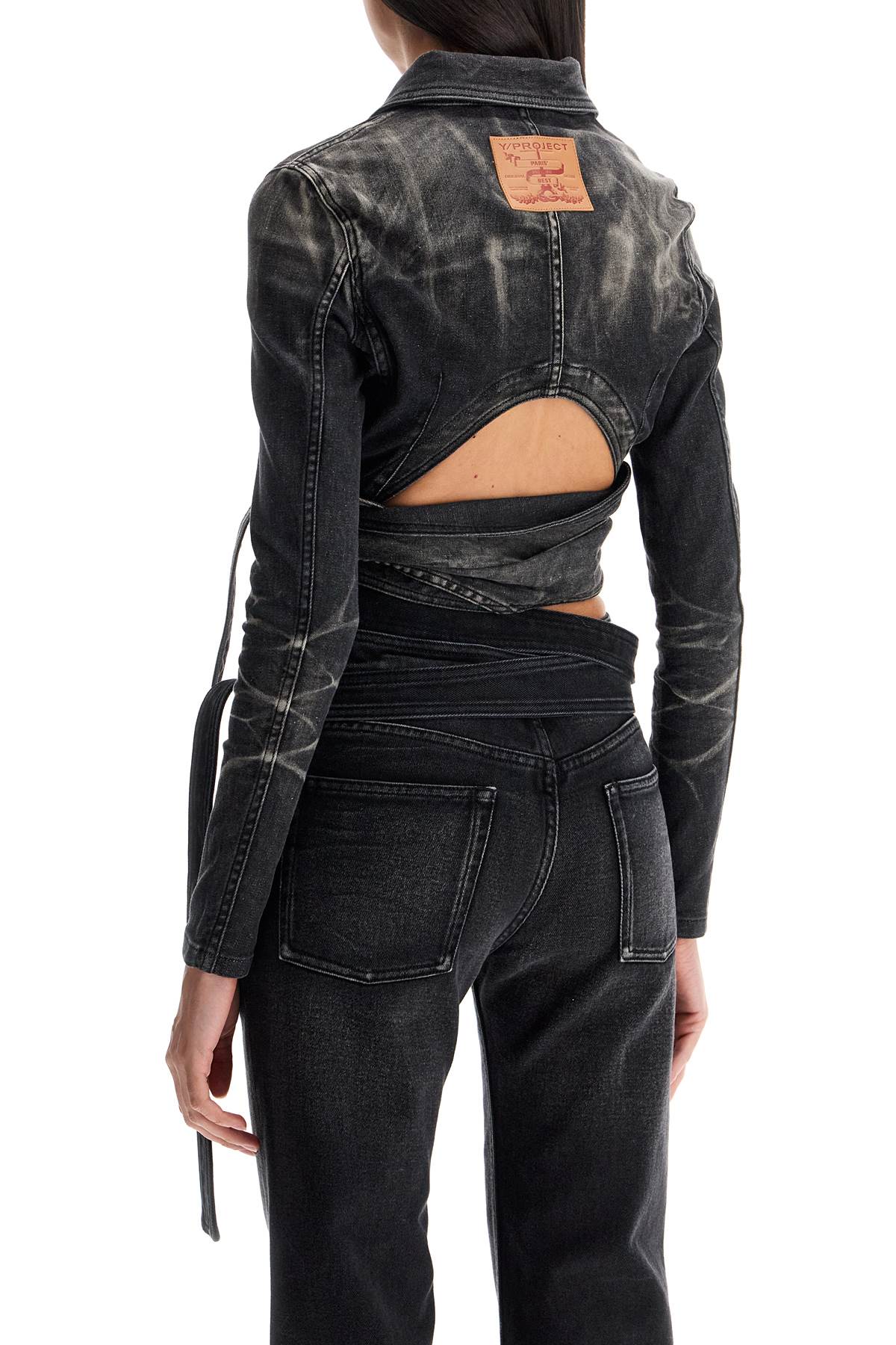 Y/PROJECT Fitted Cropped Denim Jacket with Criss-Cross Belt (S)