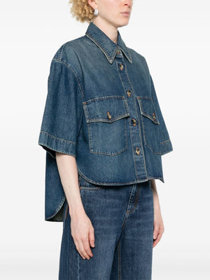 KHAITE Chic Blue Denim Cotton Shirt with Pointed Collar