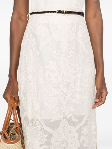 ZIMMERMANN Floral Embroidered Linen Midi Skirt