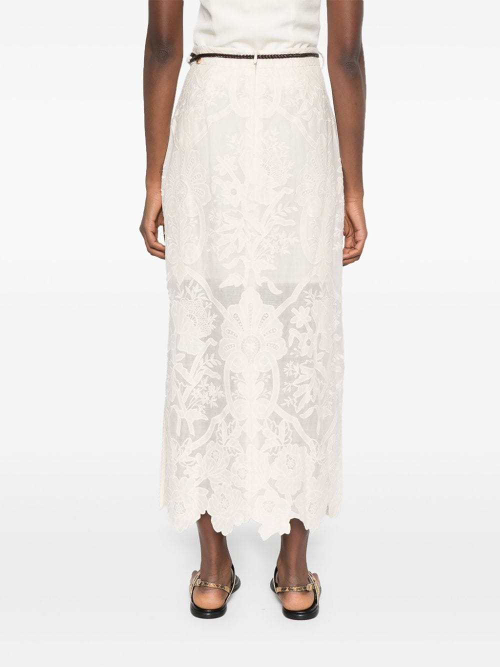 ZIMMERMANN Floral Embroidered Linen Midi Skirt