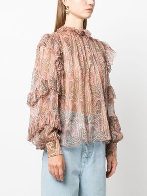 ETRO Turquoise Paisley Print Ruffled Silk Top for Women