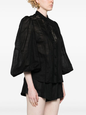 ZIMMERMANN Elegant Black Cotton Lace-Trimmed Puff Sleeve Shirt