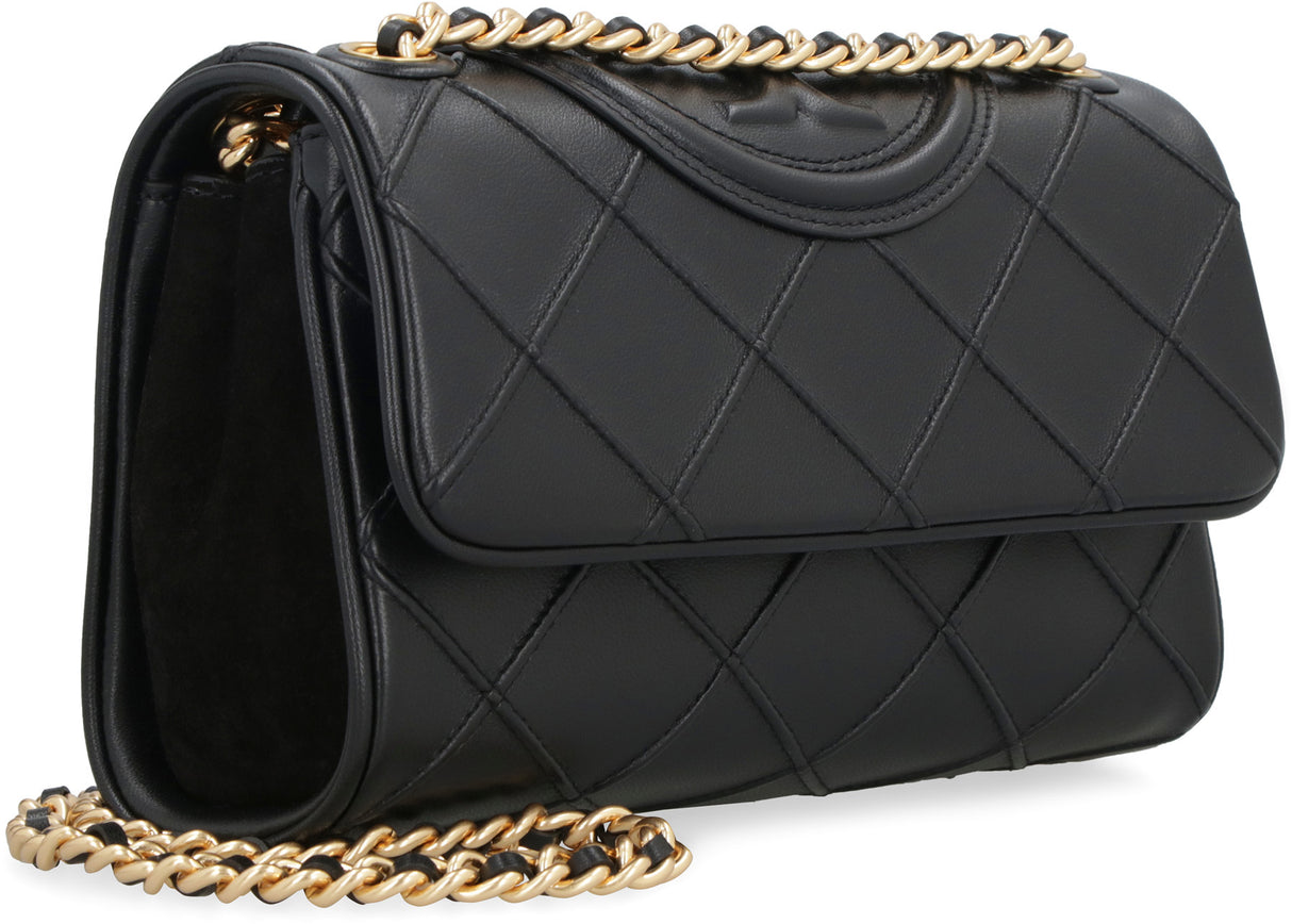 TORY BURCH Mini Fleming Quilted Leather Shoulder Bag in Black with Chain Strap, 16x22x9 cm