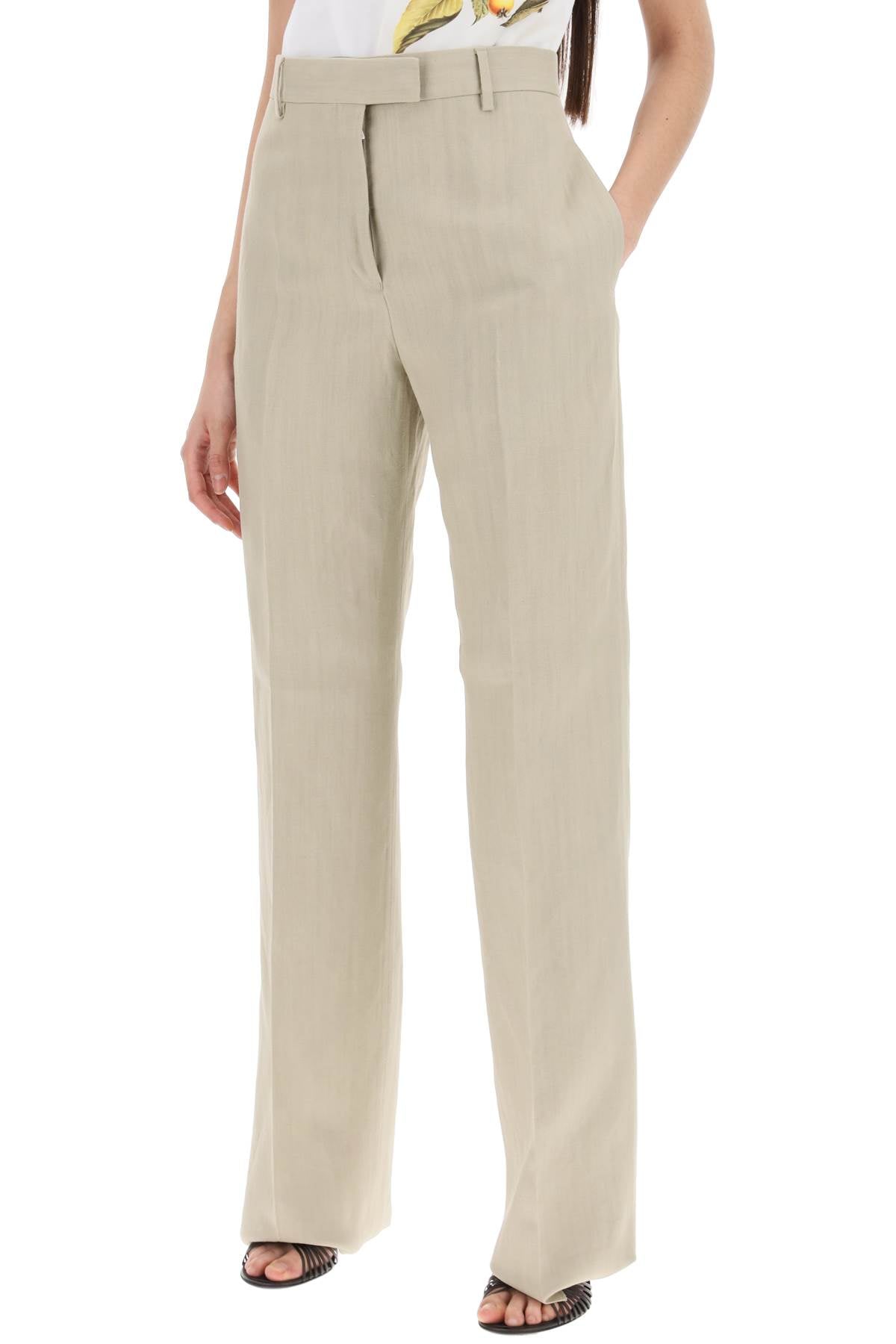 FERRAGAMO Women's Tailored Linen Blend Trousers - Straight Leg Cut, High Waist, Tan