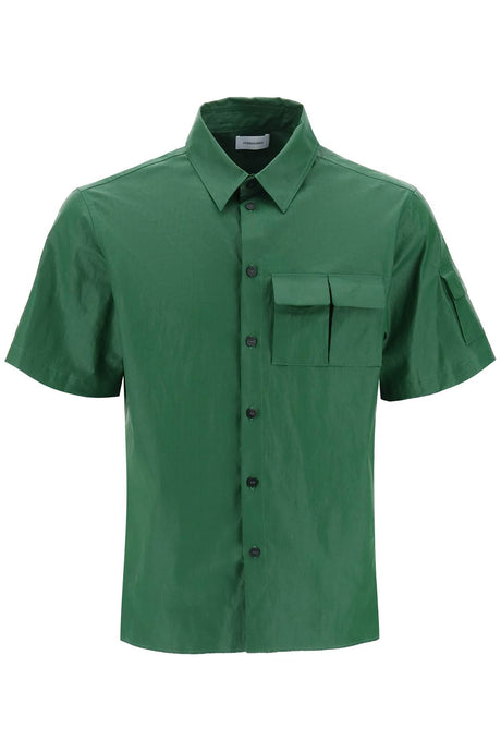 FERRAGAMO Men's Short-Sleeved Linen Shirt with Coated Canvas - Green