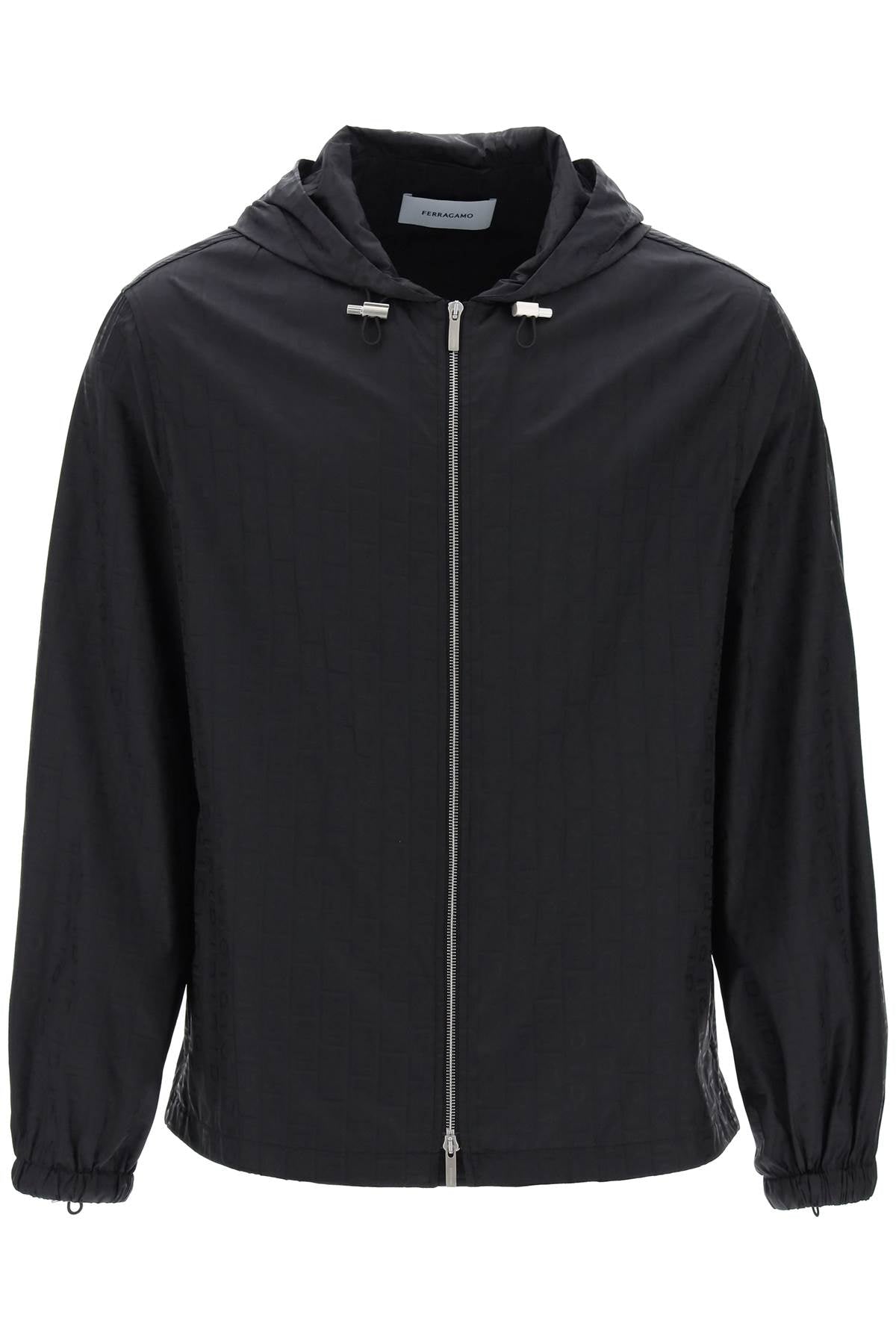 Ferragamo Men's Black Nylon Windbreaker Jacket with Gancini Hook Pattern