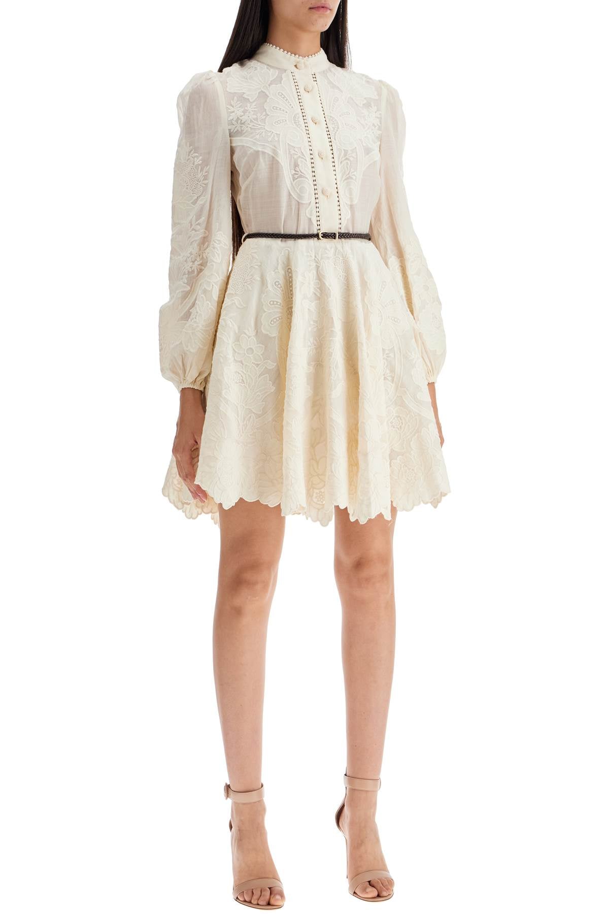 ZIMMERMANN Embroidered Linen Mini Flare Dress with Braided Belt