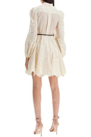 ZIMMERMANN Embroidered Linen Mini Flare Dress with Braided Belt